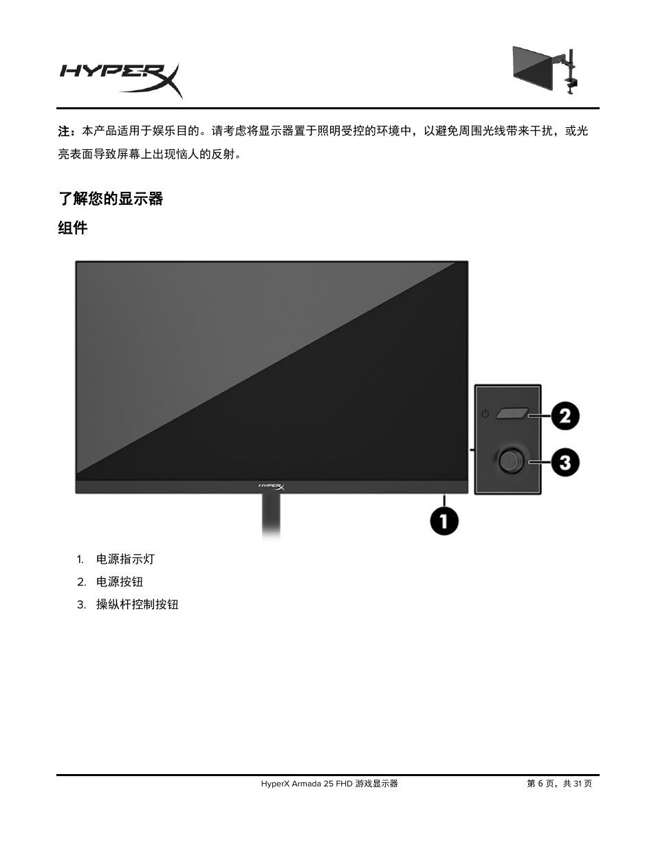 了解您的显示器, 了解您的显示器 组件 | HyperX Armada 25 24.5" 240 Hz Gaming Monitor User Manual | Page 413 / 499