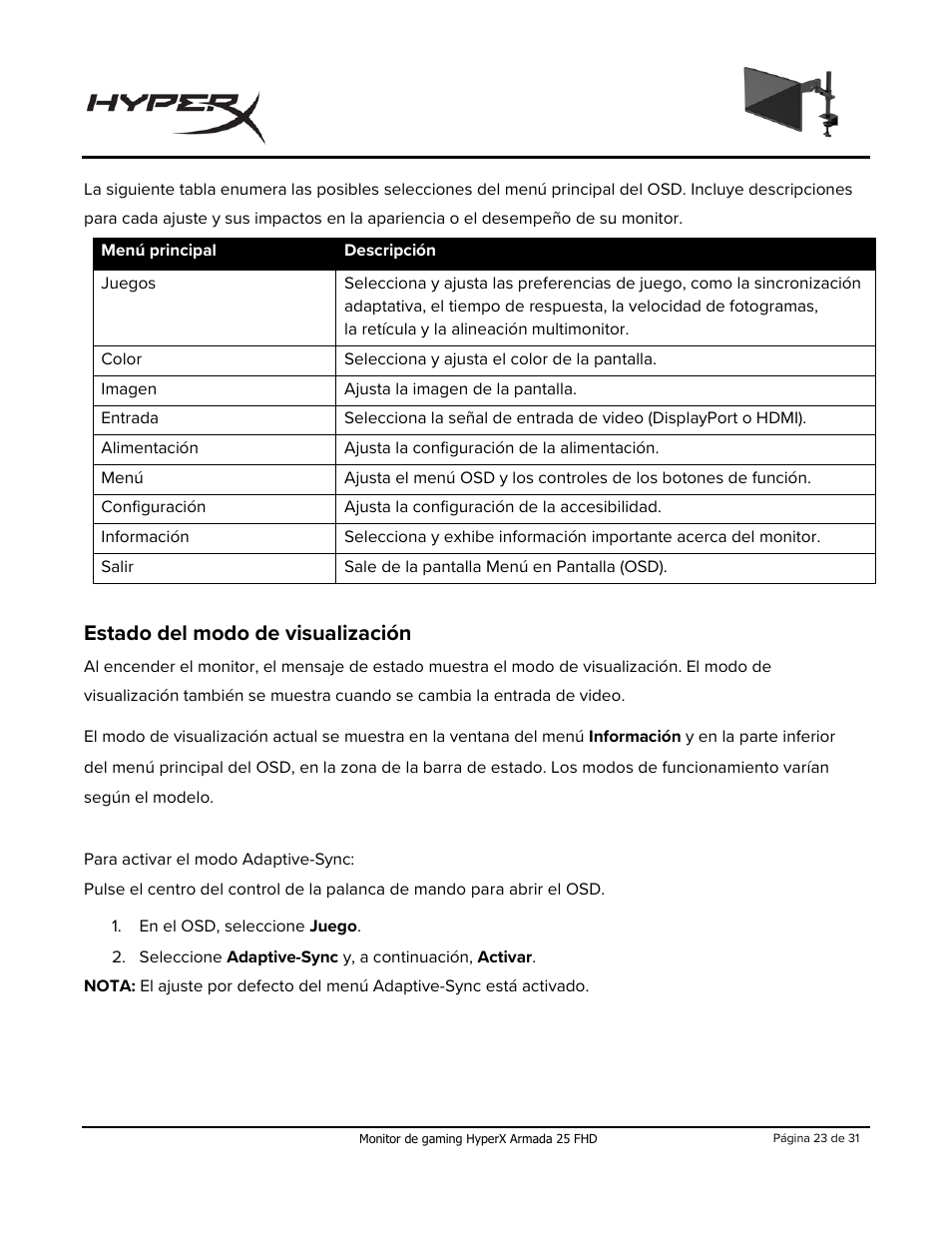 Estado del modo de visualización | HyperX Armada 25 24.5" 240 Hz Gaming Monitor User Manual | Page 53 / 499