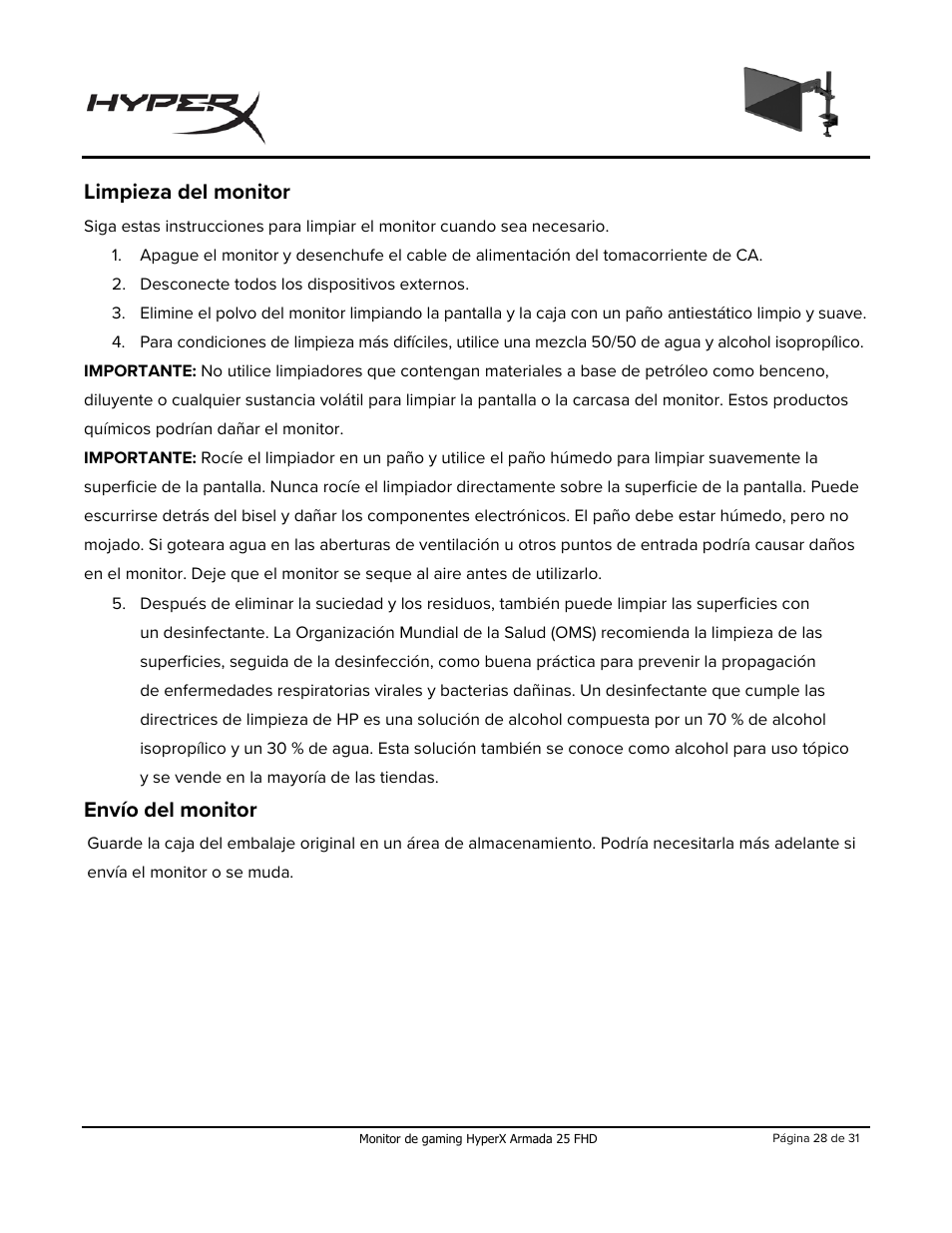 Limpieza del monitor, Envío del monitor | HyperX Armada 25 24.5" 240 Hz Gaming Monitor User Manual | Page 58 / 499