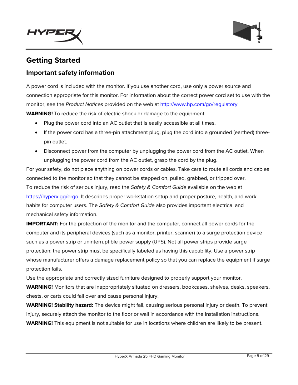 Getting started, Important safety information | HyperX Armada 25 24.5" 240 Hz Gaming Monitor User Manual | Page 6 / 499