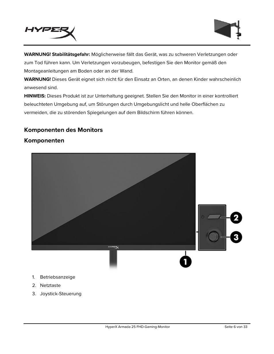 Komponenten des monitors, Komponenten, Komponenten des monitors komponenten | HyperX Armada 25 24.5" 240 Hz Gaming Monitor User Manual | Page 67 / 499