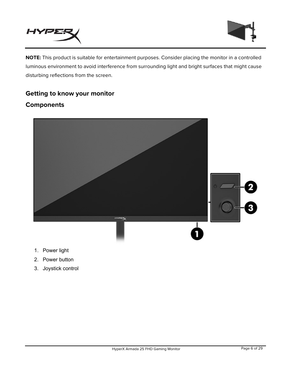 Getting to know your monitor, Components, Getting to know your monitor components | HyperX Armada 25 24.5" 240 Hz Gaming Monitor User Manual | Page 7 / 499