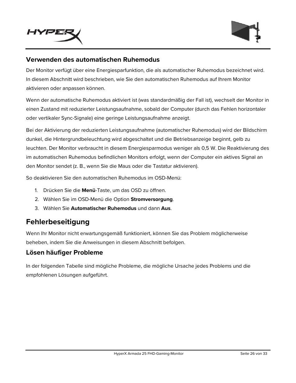 Verwenden des automatischen ruhemodus, Fehlerbeseitigung, Lösen häufiger probleme | HyperX Armada 25 24.5" 240 Hz Gaming Monitor User Manual | Page 87 / 499