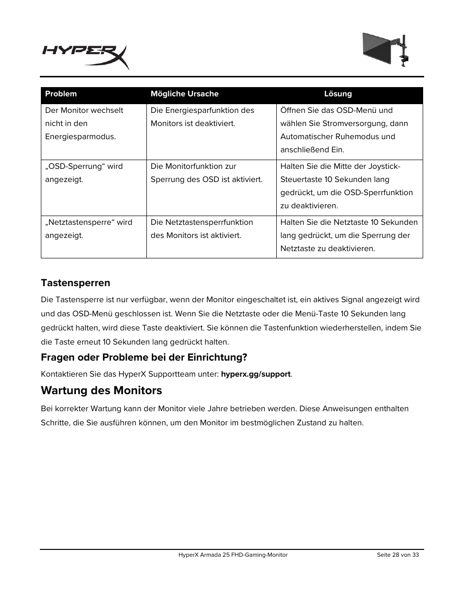 Tastensperren, Fragen oder probleme bei der einrichtung, Wartung des monitors | HyperX Armada 25 24.5" 240 Hz Gaming Monitor User Manual | Page 89 / 499