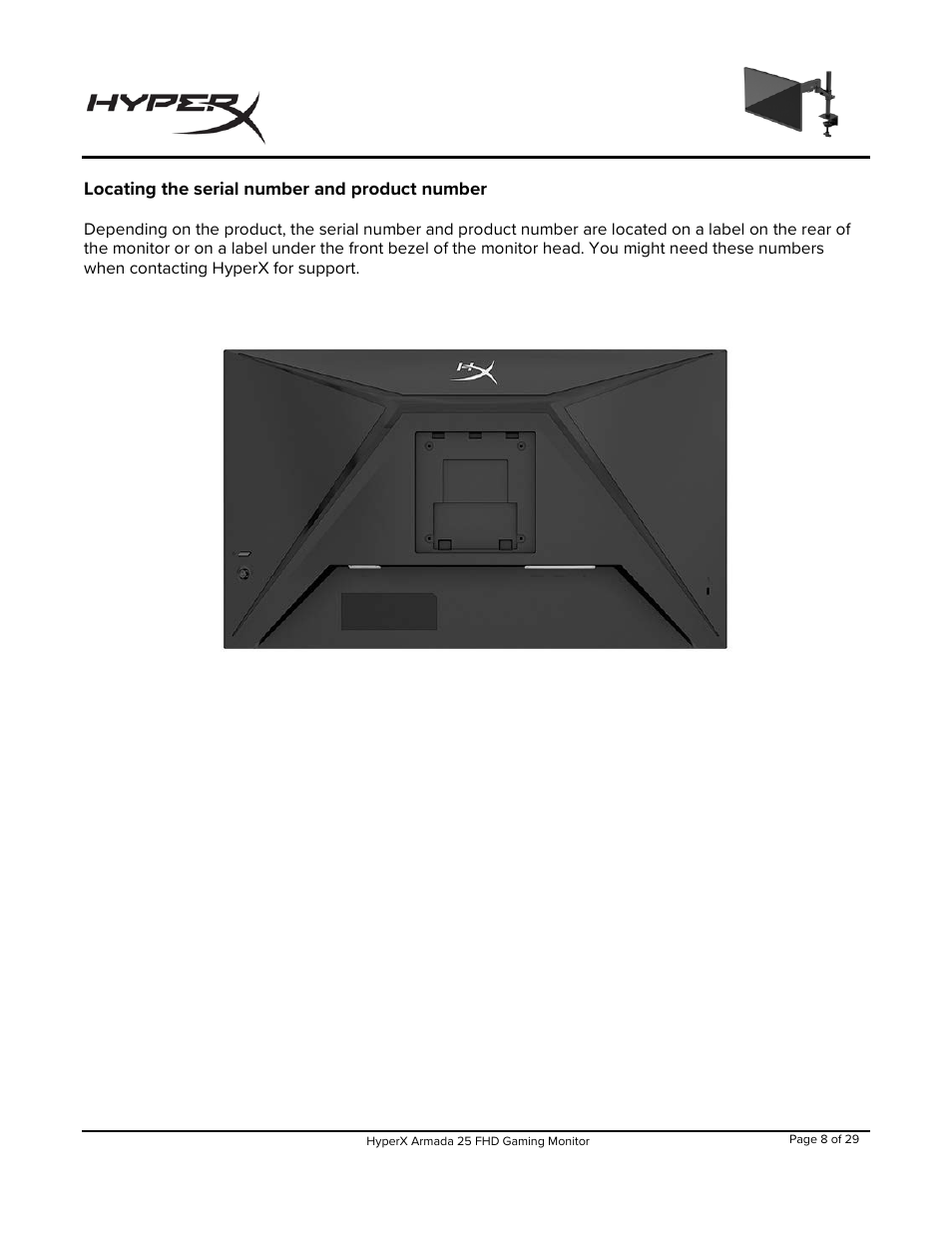 Locating the serial number and product number | HyperX Armada 25 24.5" 240 Hz Gaming Monitor User Manual | Page 9 / 499