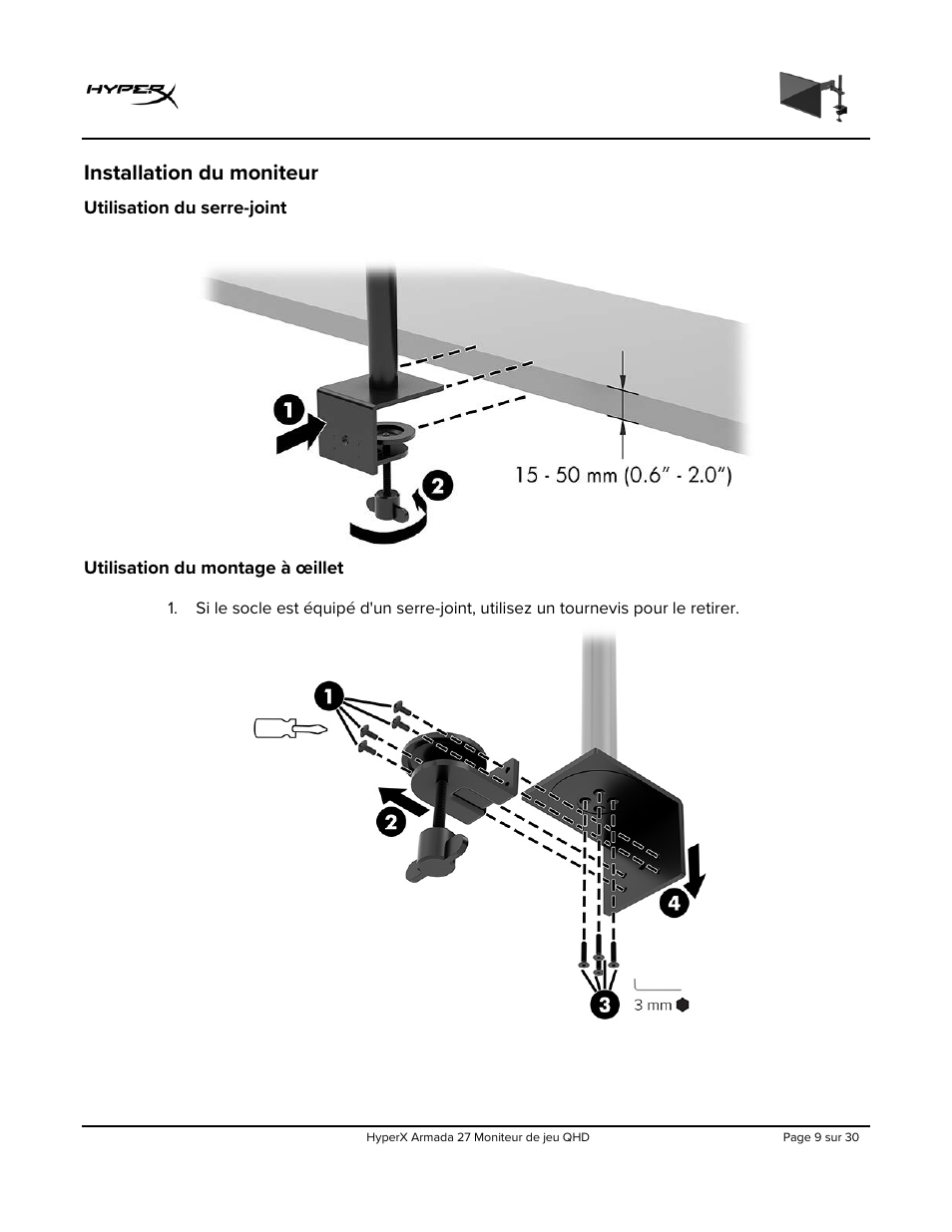 Installation du moniteur, Utilisation du serre-joint, Utilisation du montage à œillet | HyperX Armada 27 27" 1440p HDR 165 Hz Gaming Monitor User Manual | Page 101 / 487