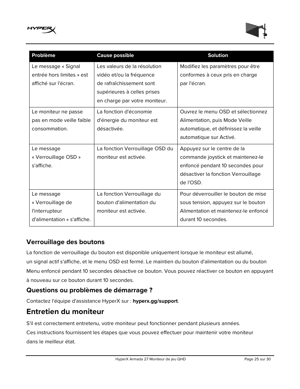 Verrouillage des boutons, Questions ou problèmes de démarrage, Entretien du moniteur | HyperX Armada 27 27" 1440p HDR 165 Hz Gaming Monitor User Manual | Page 117 / 487