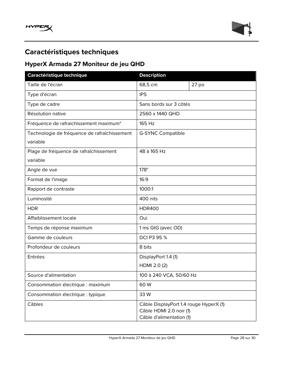Caractéristiques techniques, Hyperx armada 27 moniteur de jeu qhd | HyperX Armada 27 27" 1440p HDR 165 Hz Gaming Monitor User Manual | Page 120 / 487