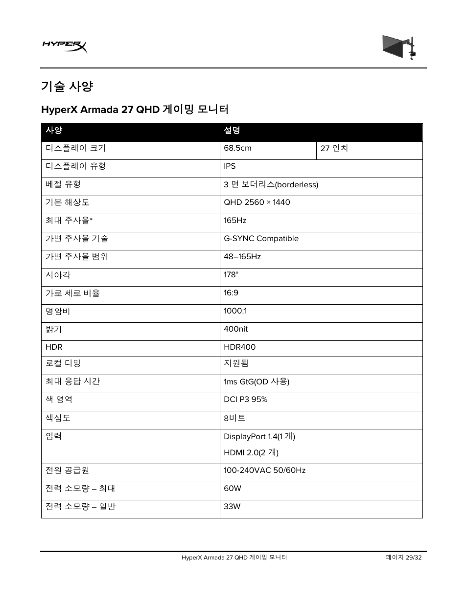 Hyperx armada 27 qhd, 기술 사양, Hyperx armada 27 qhd 게이밍 모니터 | HyperX Armada 27 27" 1440p HDR 165 Hz Gaming Monitor User Manual | Page 333 / 487