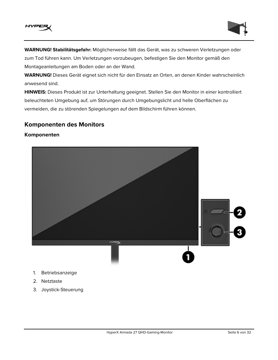 Komponenten des monitors, Komponenten | HyperX Armada 27 27" 1440p HDR 165 Hz Gaming Monitor User Manual | Page 66 / 487