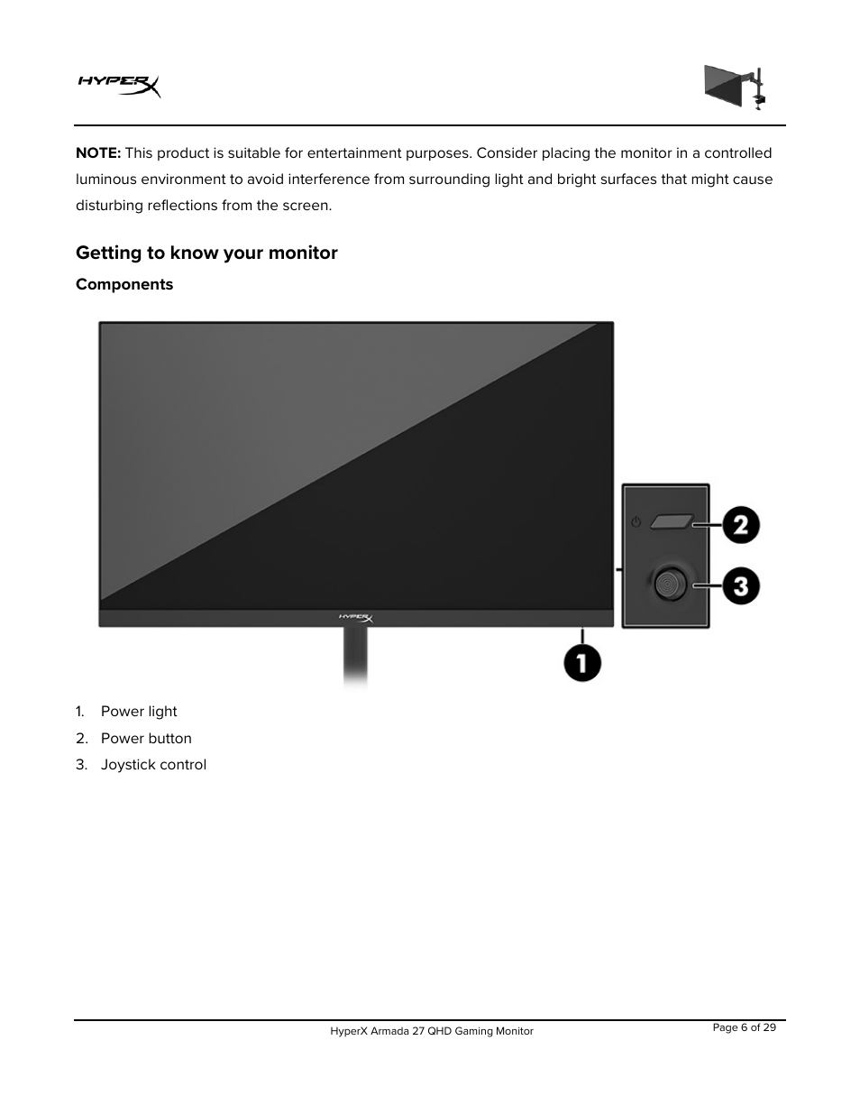 Getting to know your monitor, Components | HyperX Armada 27 27" 1440p HDR 165 Hz Gaming Monitor User Manual | Page 7 / 487