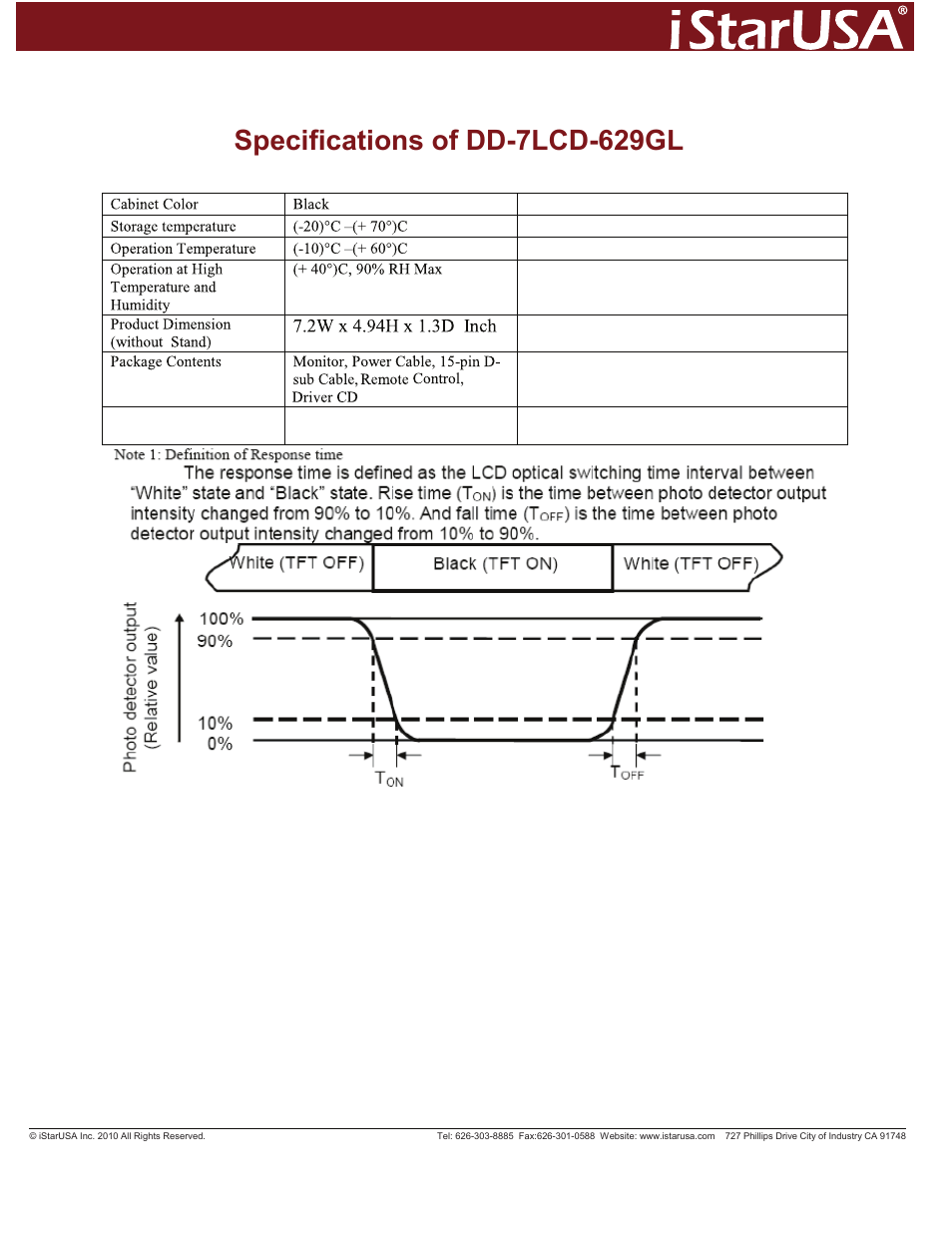 Specifications of dd-7lcd-629gl | iStarUSA 7" Touchscreen LCD (Black) User Manual | Page 2 / 2