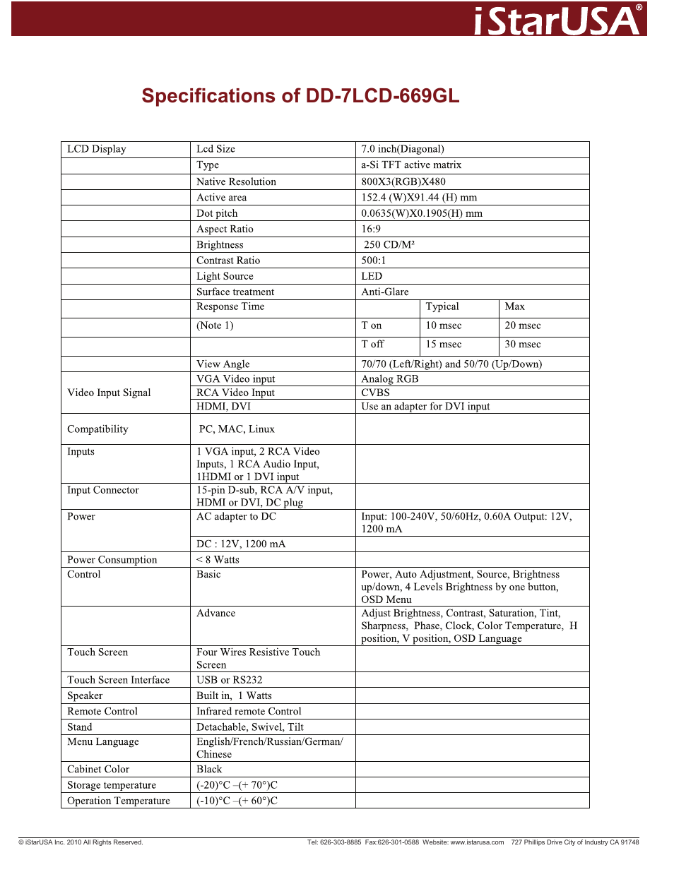 iStarUSA 7" Touchscreen LCD with HDMI/DVI inputs (Black) User Manual | 2 pages