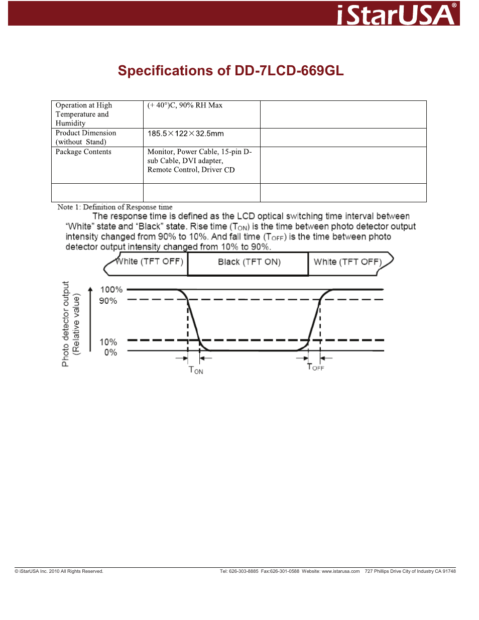 Specifications of dd-7lcd-669gl | iStarUSA 7" Touchscreen LCD with HDMI/DVI inputs (Black) User Manual | Page 2 / 2