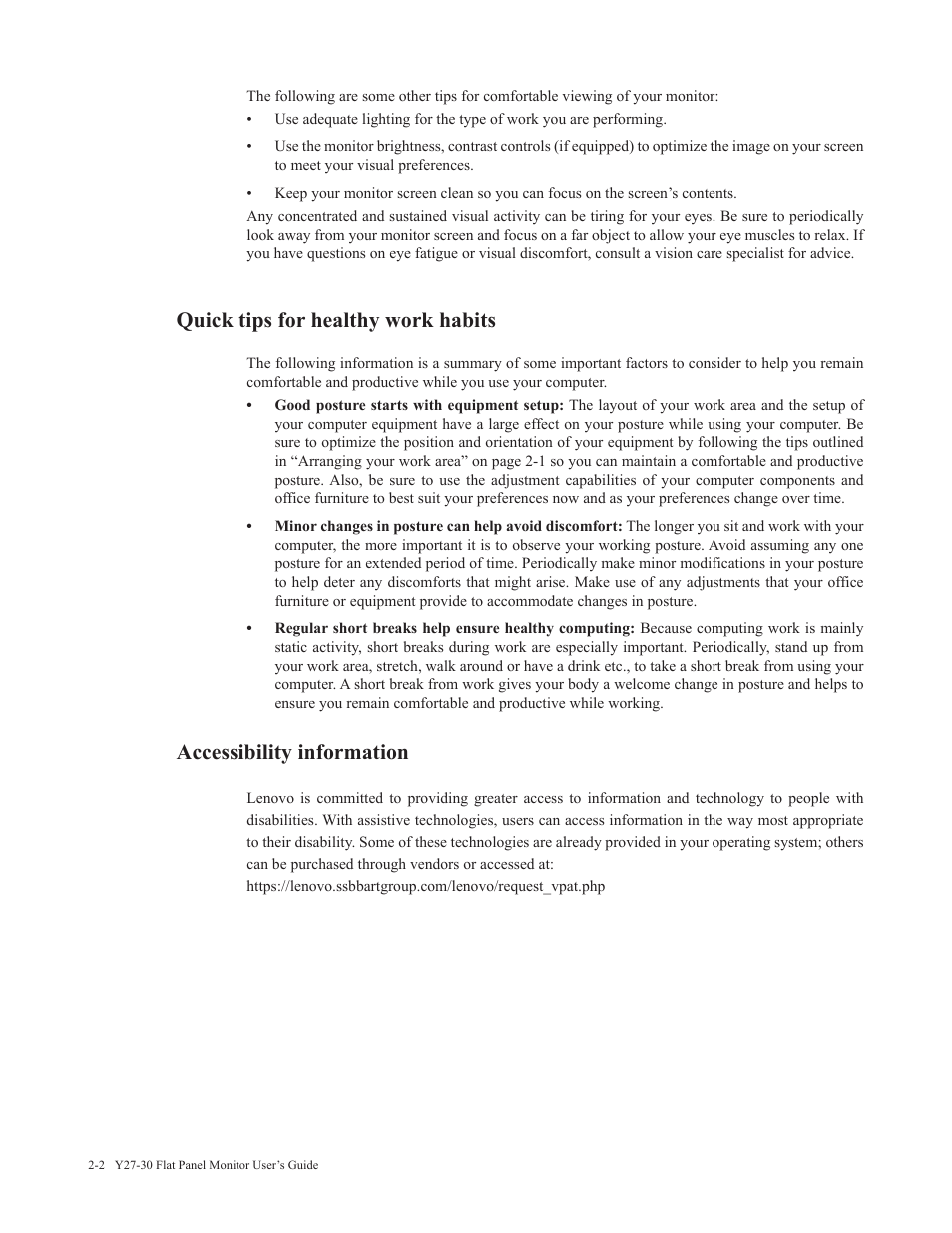 Quick tips for healthy work habits, Accessibility information | Lenovo Legion Y27-30 27" 180 Hz HDR Monitor User Manual | Page 15 / 34