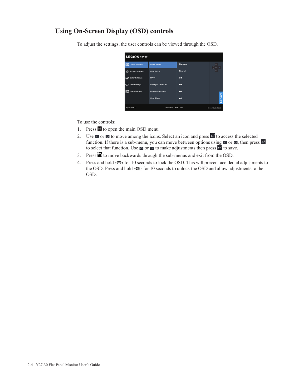 Using on-screen display (osd) controls | Lenovo Legion Y27-30 27" 180 Hz HDR Monitor User Manual | Page 17 / 34