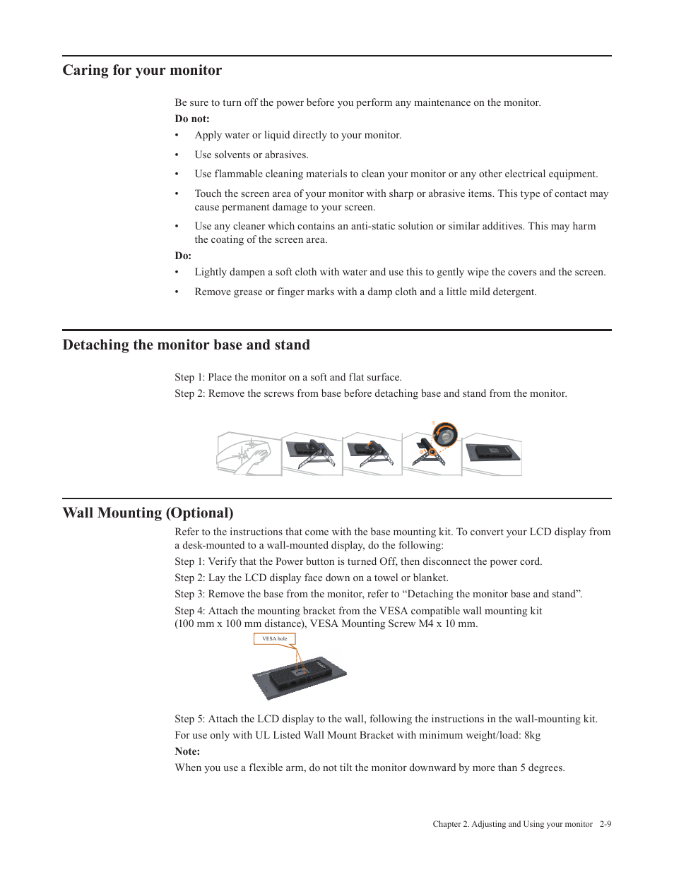 Caring for your monitor, Detaching the monitor base and stand, Wall mounting (optional) | Lenovo Legion Y27-30 27" 180 Hz HDR Monitor User Manual | Page 22 / 34