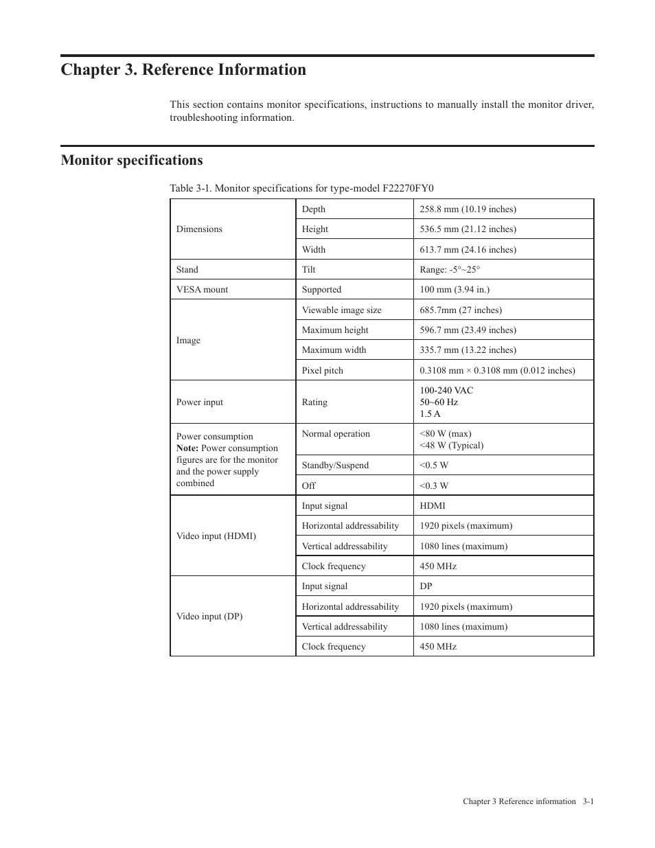 Chapter 3. reference information, Monitor specifications, Chapter 3. reference information -1 | Lenovo Legion Y27-30 27" 180 Hz HDR Monitor User Manual | Page 23 / 34