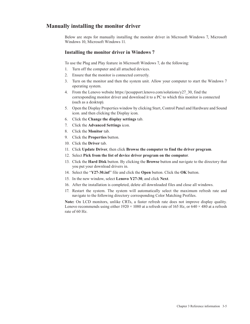 Manually installing the monitor driver, Installing the monitor driver in windows 7 | Lenovo Legion Y27-30 27" 180 Hz HDR Monitor User Manual | Page 27 / 34