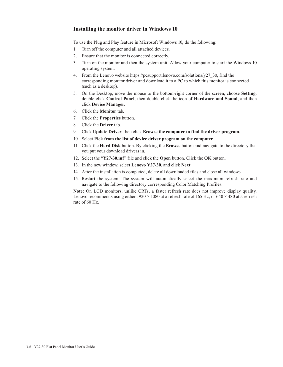 Installing the monitor driver in windows 10 | Lenovo Legion Y27-30 27" 180 Hz HDR Monitor User Manual | Page 28 / 34