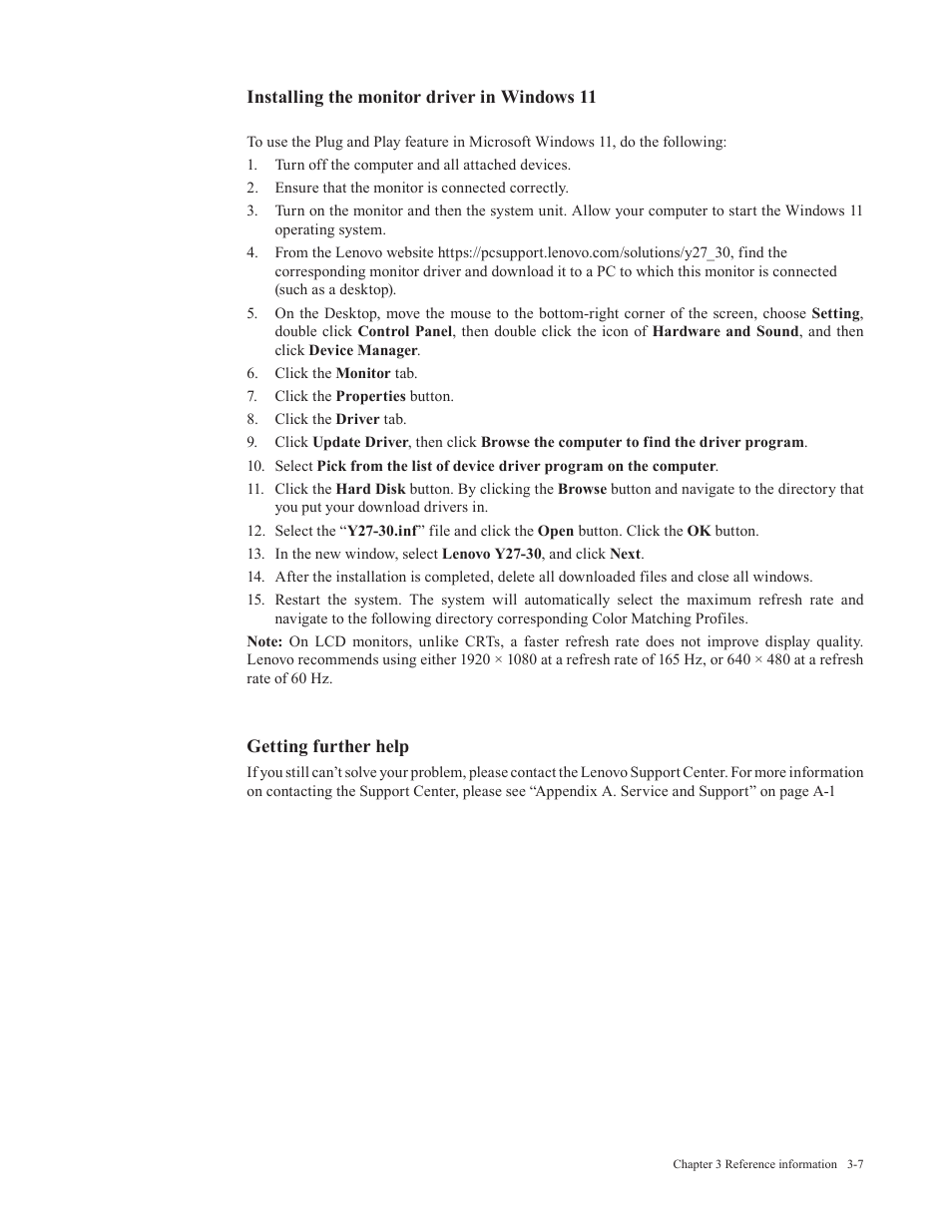 Installing the monitor driver in windows 11, Getting further help | Lenovo Legion Y27-30 27" 180 Hz HDR Monitor User Manual | Page 29 / 34