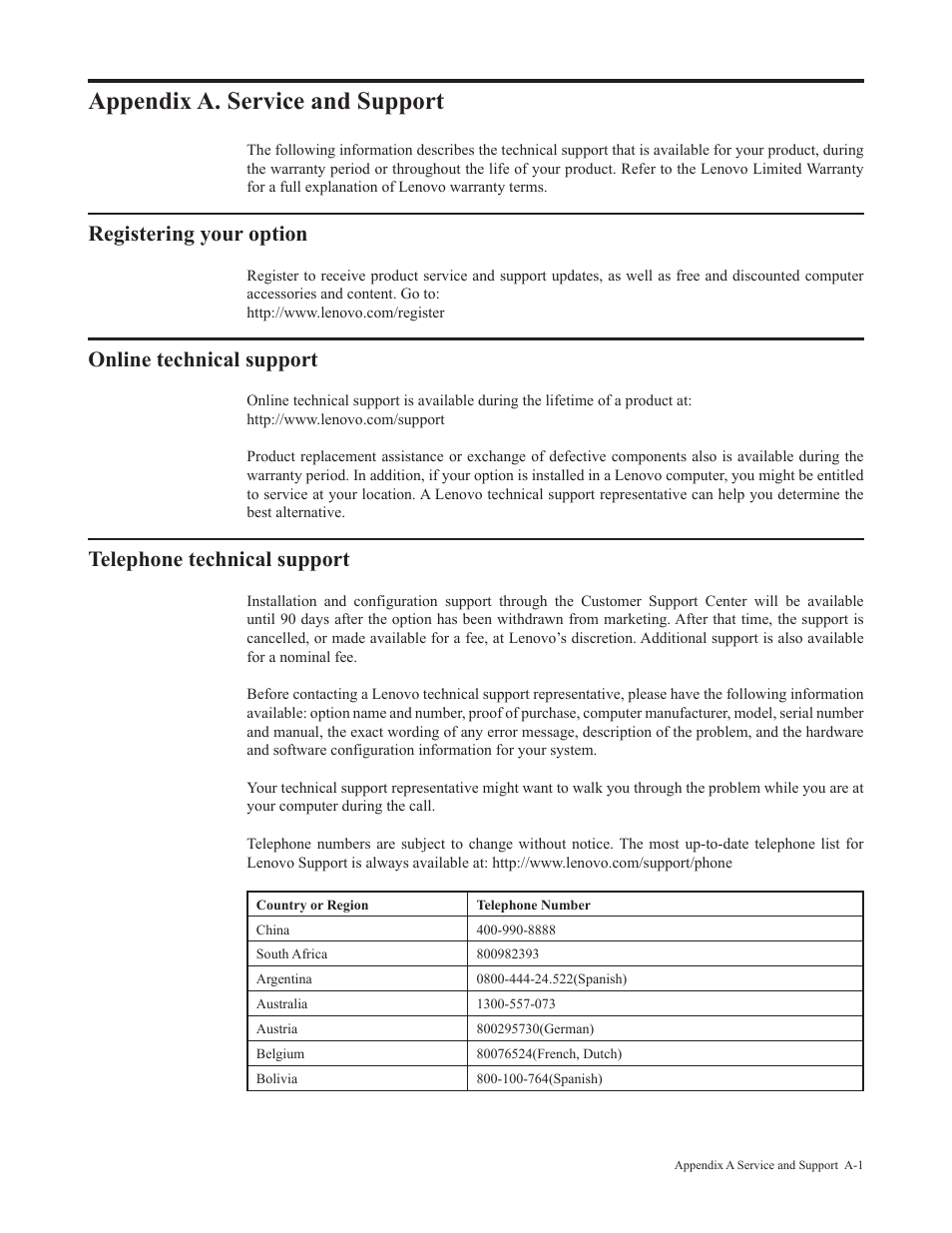 Appendix a. service and support, Registering your option, Online technical support | Telephone technical support, Appendix a� service | Lenovo Legion Y27-30 27" 180 Hz HDR Monitor User Manual | Page 31 / 34