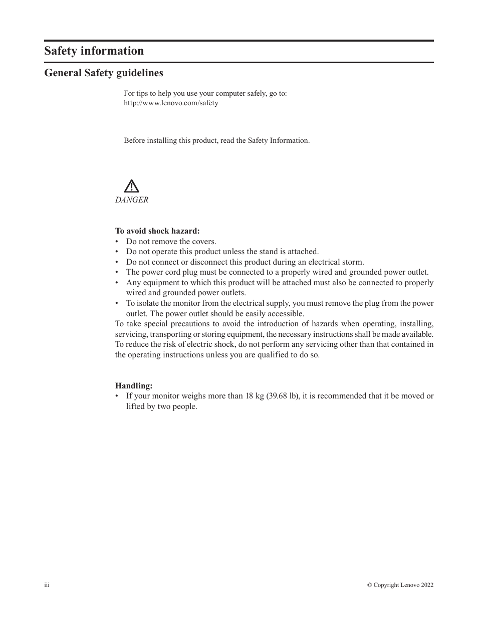 Safety information, General safety guidelines | Lenovo Legion Y27-30 27" 180 Hz HDR Monitor User Manual | Page 4 / 34