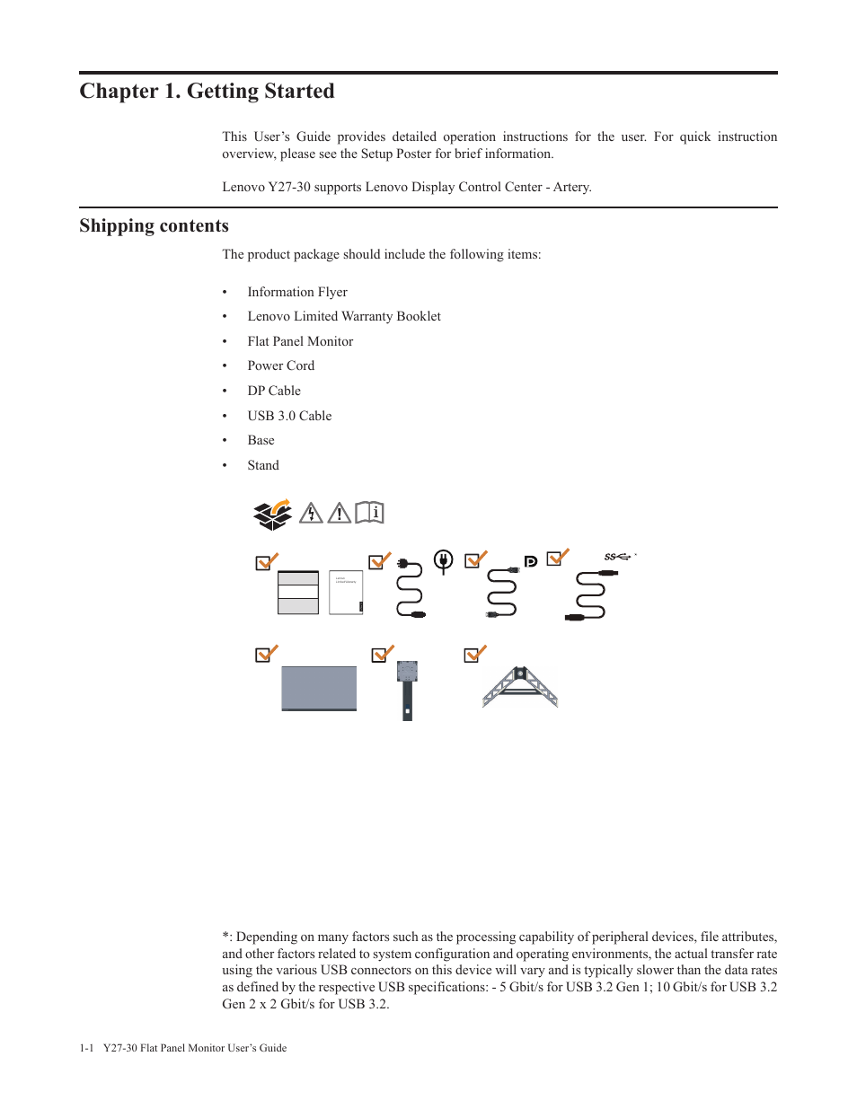 Chapter 1. getting started, Shipping contents, Chapter 1. getting started -1 | Lenovo Legion Y27-30 27" 180 Hz HDR Monitor User Manual | Page 5 / 34