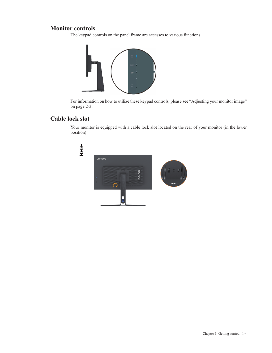 Monitor controls, Cable lock slot | Lenovo Legion Y27-30 27" 180 Hz HDR Monitor User Manual | Page 8 / 34