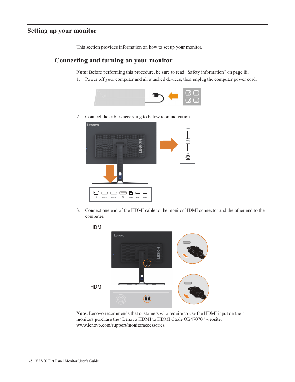 Setting up your monitor, Connecting and turning on your monitor | Lenovo Legion Y27-30 27" 180 Hz HDR Monitor User Manual | Page 9 / 34