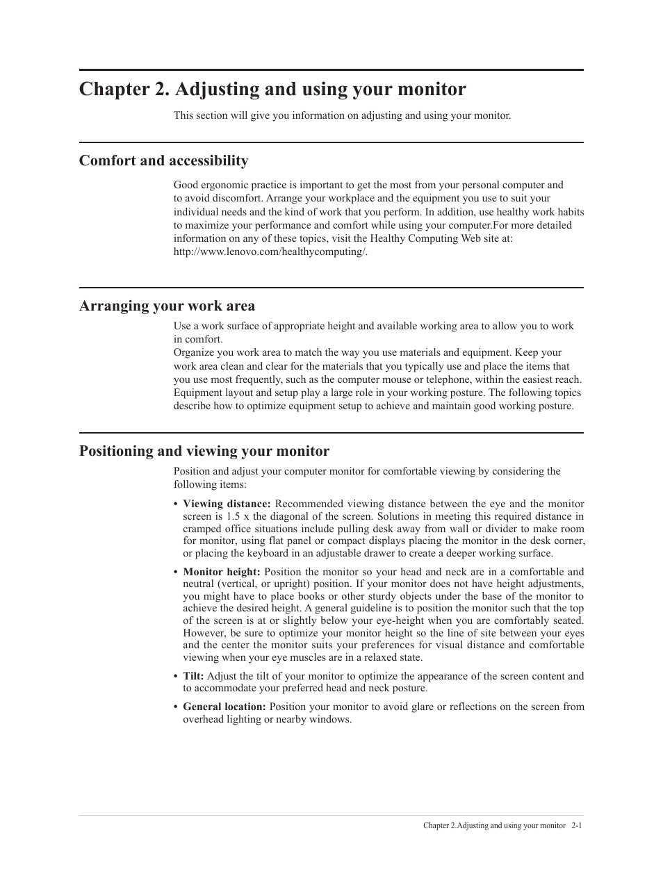 Comfort and accessibility, Chapter 2. adjusting and using your monitor, Arranging your work area | Positioning and viewing your monitor | Lenovo L22e-40 21.5" Monitor (Cloud Gray) User Manual | Page 13 / 31