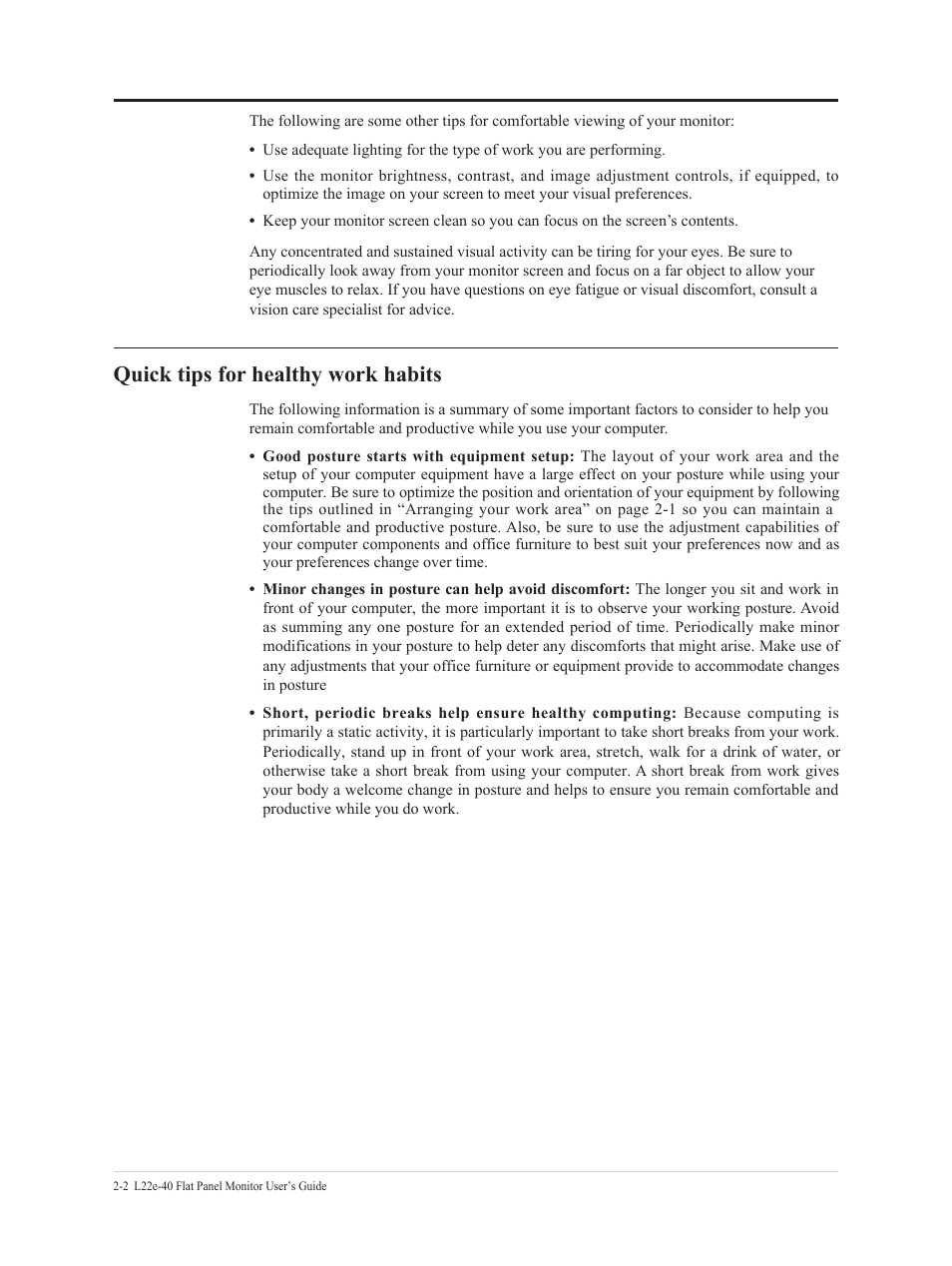 Arranging your work area, Quick tips for healthy work habits, Adjusting your monitor image -3 | Lenovo L22e-40 21.5" Monitor (Cloud Gray) User Manual | Page 14 / 31