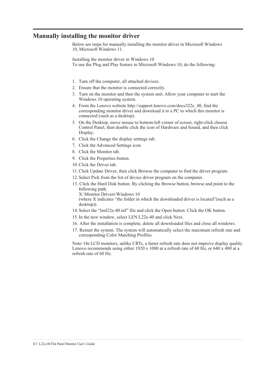 Manually installing the monitor driver | Lenovo L22e-40 21.5" Monitor (Cloud Gray) User Manual | Page 26 / 31