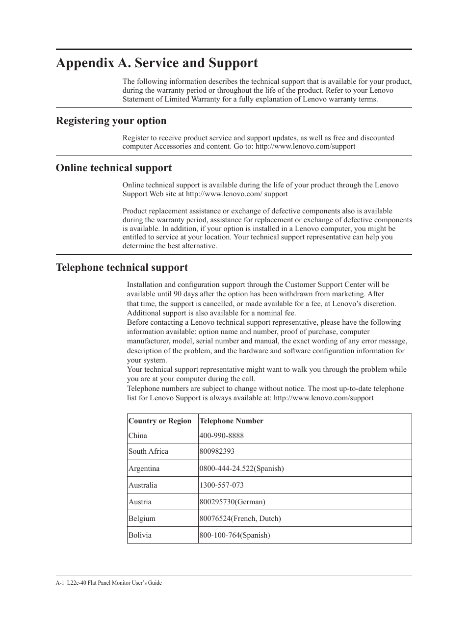 Appendix a. service and support, Telephone technical support, Registering your option | Online technical support | Lenovo L22e-40 21.5" Monitor (Cloud Gray) User Manual | Page 28 / 31