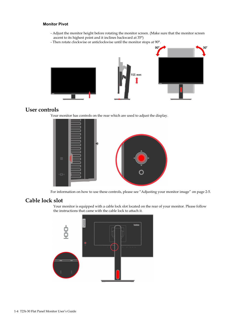 User controls, Cable lock slot, User controls -4 | Cable lock slot -4 | Lenovo ThinkVision T23i-30 23" Monitor User Manual | Page 12 / 41