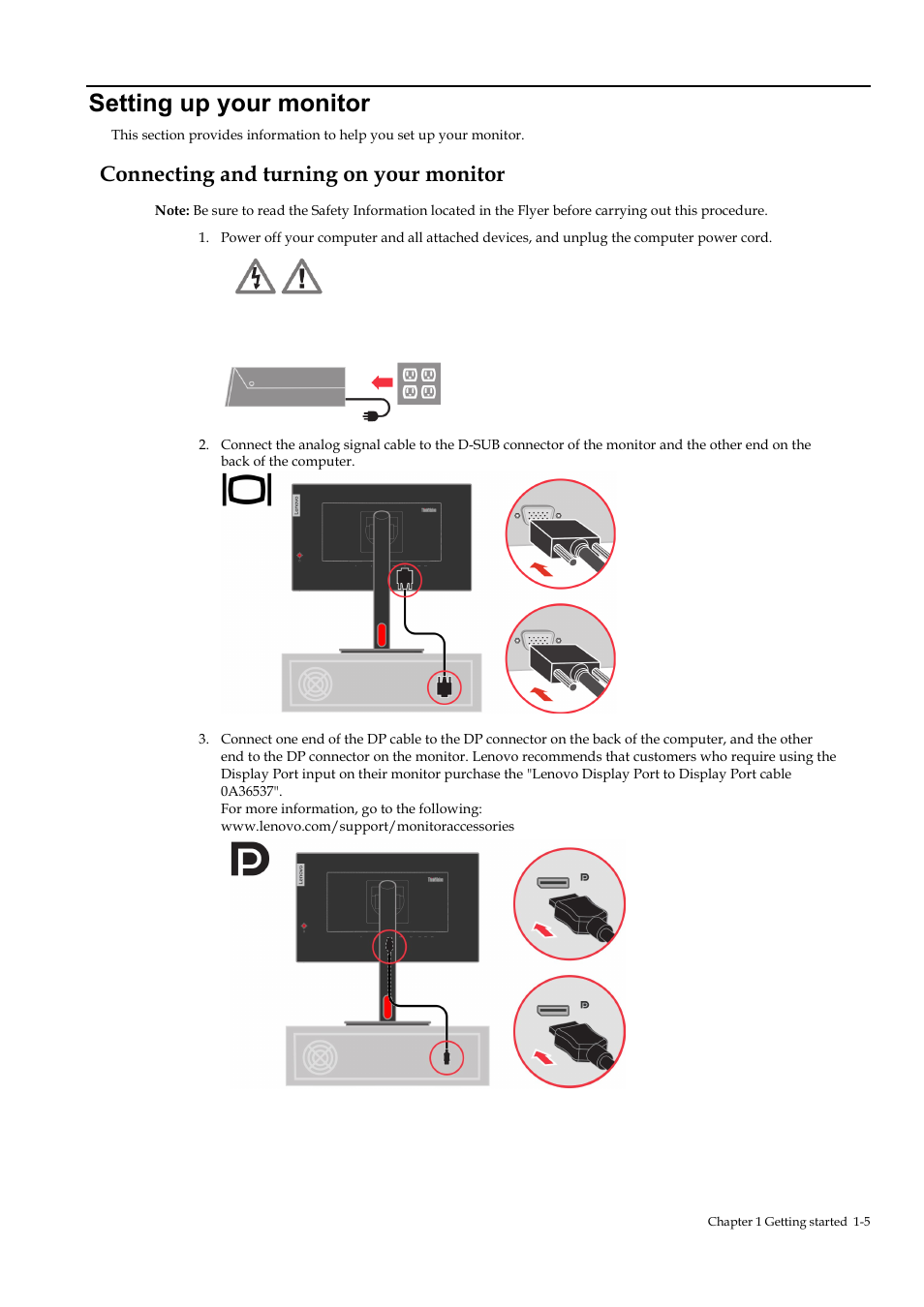 Setting up your monitor, Connecting and turning on your monitor, Setting up your monitor -5 | Connecting and turning on your monitor -5 | Lenovo ThinkVision T23i-30 23" Monitor User Manual | Page 13 / 41