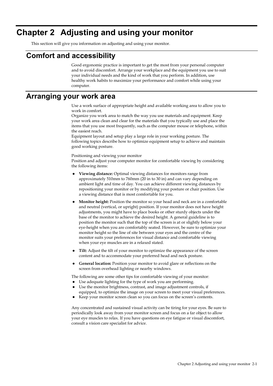 Chapter 2 adjusting and using your monitor, Comfort and accessibility, Arranging your work area | Chapter 2, Adjusting and using your monitor -1, Comfort and accessibility -1, Arranging your work area -1 | Lenovo ThinkVision T23i-30 23" Monitor User Manual | Page 17 / 41