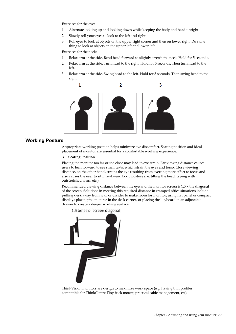 Working posture | Lenovo ThinkVision T23i-30 23" Monitor User Manual | Page 19 / 41