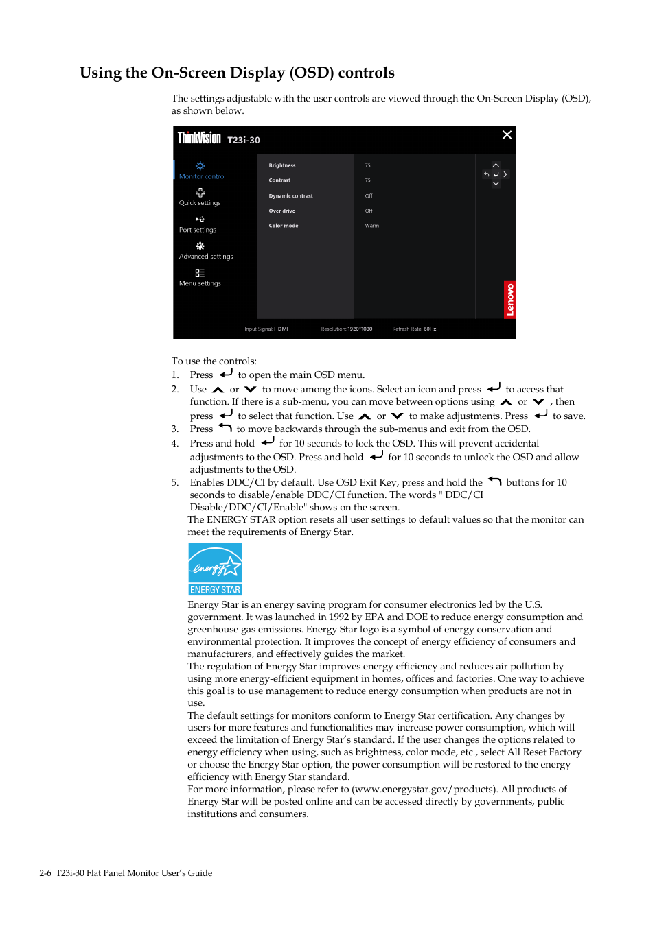Using the on-screen display (osd) controls, Using the on-screen display (osd) controls -6 | Lenovo ThinkVision T23i-30 23" Monitor User Manual | Page 22 / 41