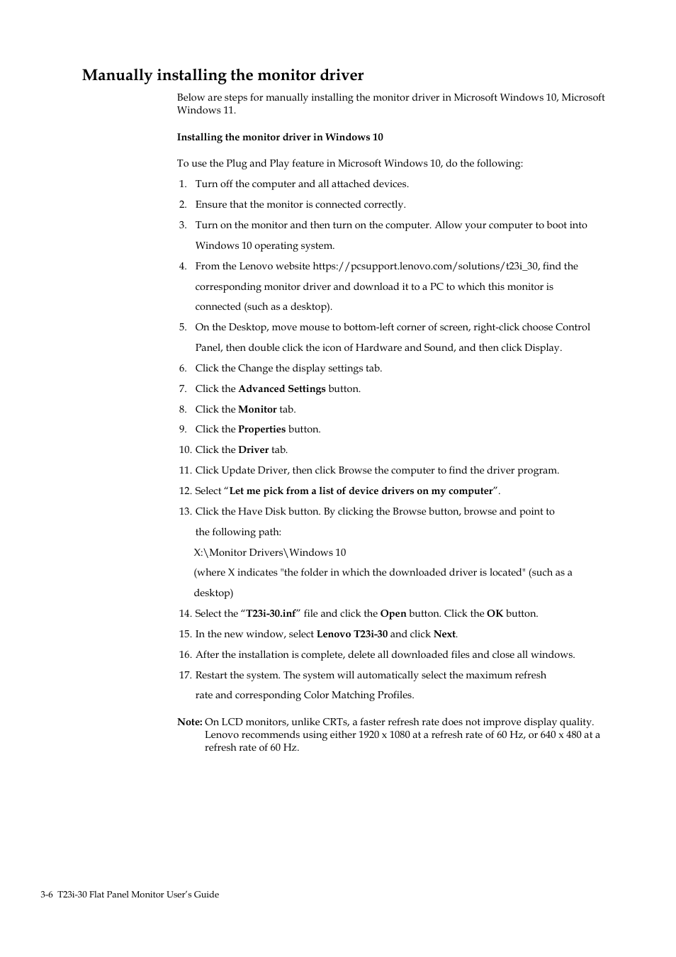 Manually installing the monitor driver, Manually installing the monitor driver -6 | Lenovo ThinkVision T23i-30 23" Monitor User Manual | Page 33 / 41