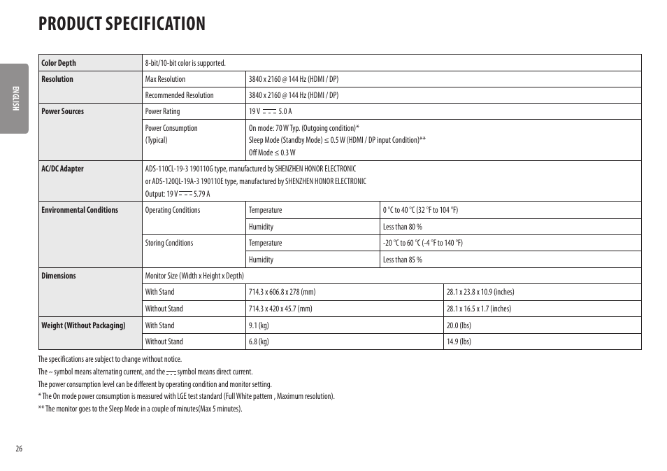 Product specification | LG UltraGear 31.5" 4K HDR 144 Hz Gaming Monitor User Manual | Page 26 / 32