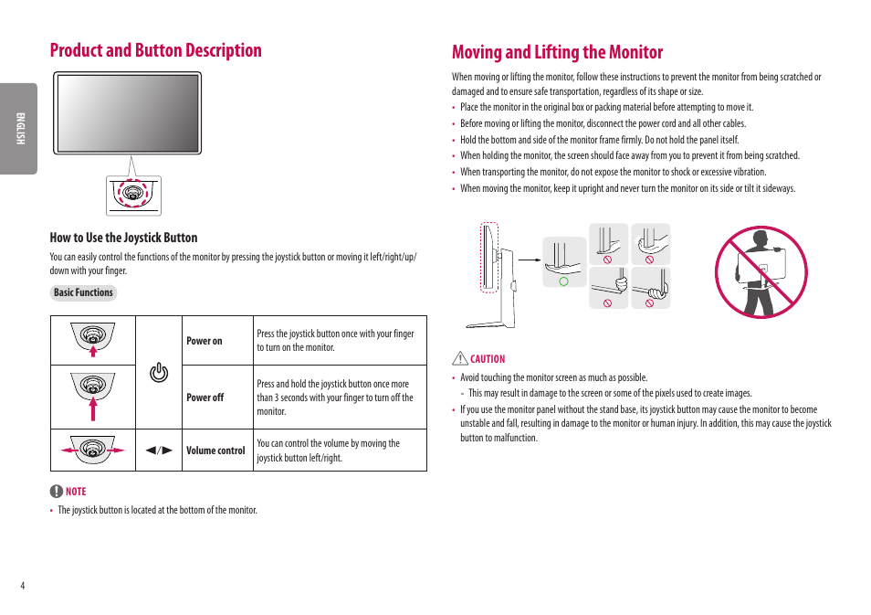 Product and button description, Moving and lifting the monitor, How to use the joystick button | LG UltraGear 31.5" 4K HDR 144 Hz Gaming Monitor User Manual | Page 4 / 32