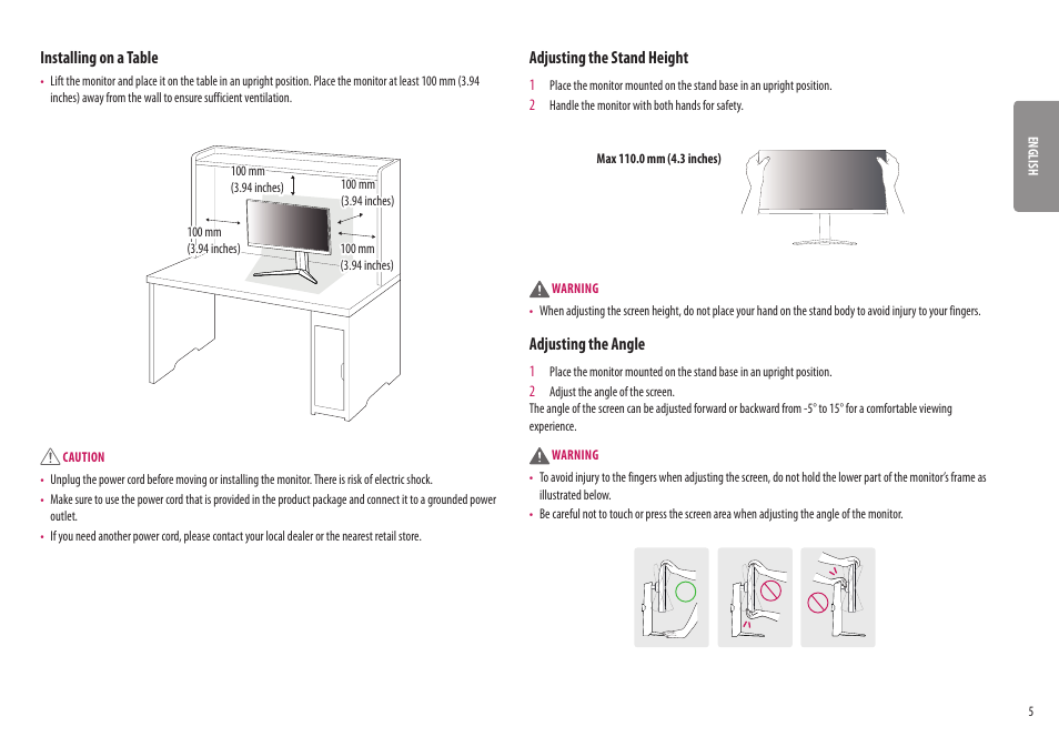 Installing on a table, Adjusting the stand height, Adjusting the angle | LG UltraGear 31.5" 4K HDR 144 Hz Gaming Monitor User Manual | Page 5 / 32