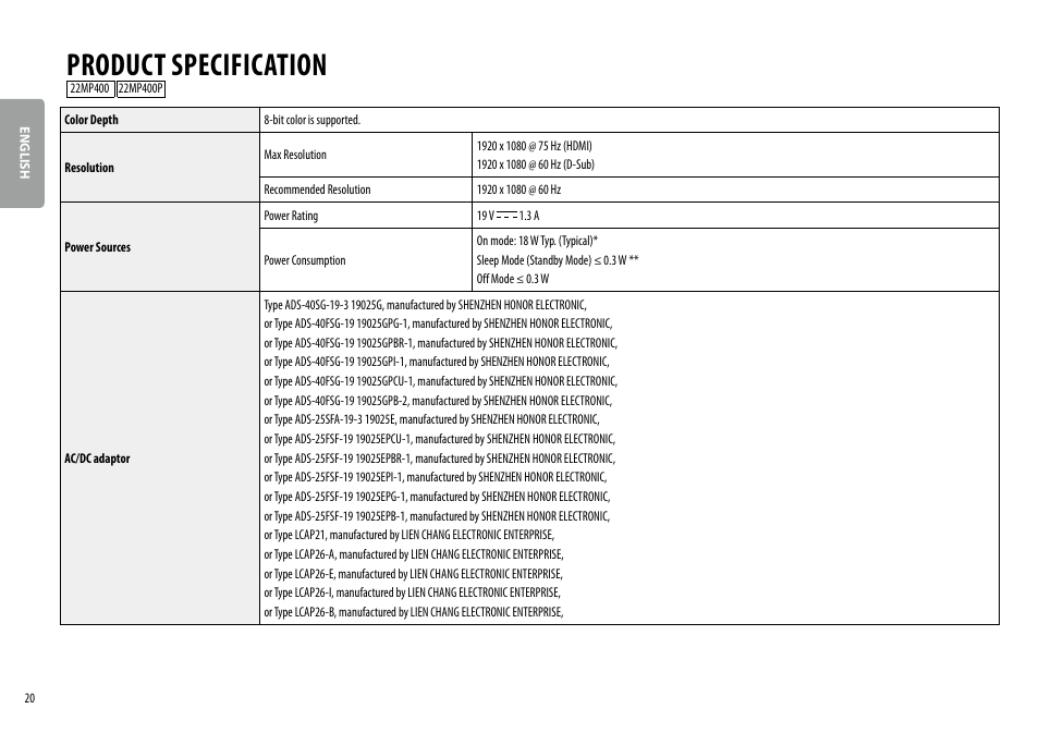 Product specification | LG 24MP400-B 23.8" 16:9 FreeSync Full HD IPS Monitor User Manual | Page 20 / 33