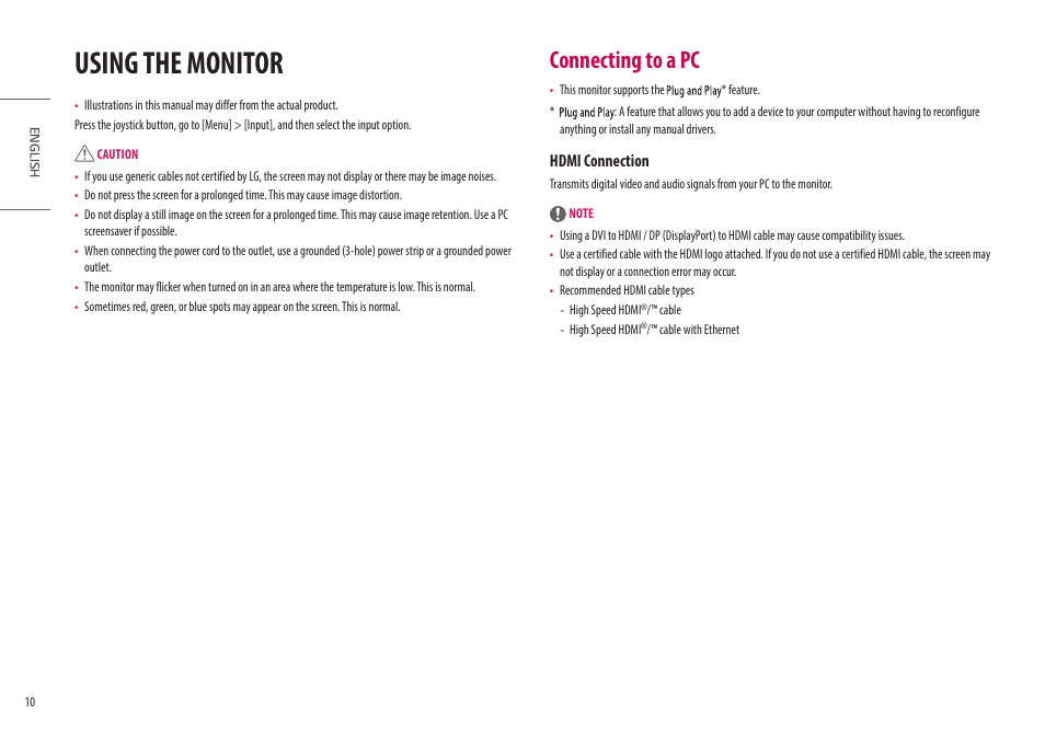 Using the monitor, Connecting to a pc, Hdmi connection | LG UltraGear 27" Full HD 165 Hz Gaming Monitor User Manual | Page 10 / 66