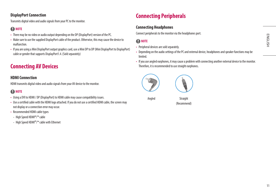 Connecting av devices, Connecting peripherals, Displayport connection | Hdmi connection, Connecting headphones | LG UltraGear 27" Full HD 165 Hz Gaming Monitor User Manual | Page 11 / 66
