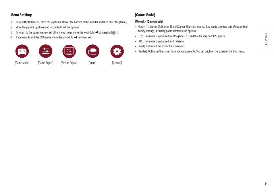 Menu settings, Game mode | LG UltraGear 27" Full HD 165 Hz Gaming Monitor User Manual | Page 13 / 66
