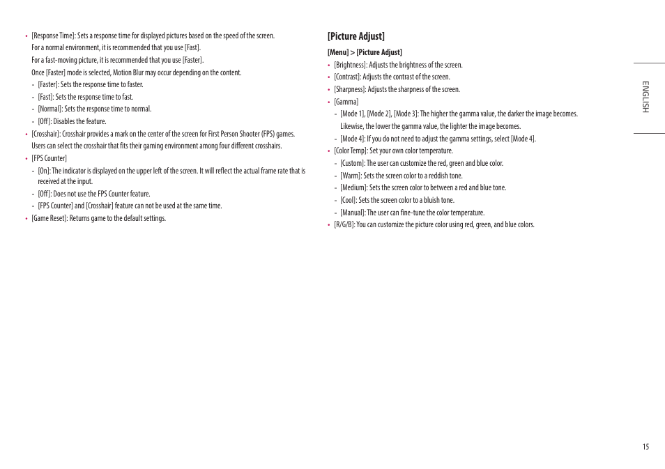 Picture adjust | LG UltraGear 27" Full HD 165 Hz Gaming Monitor User Manual | Page 15 / 66