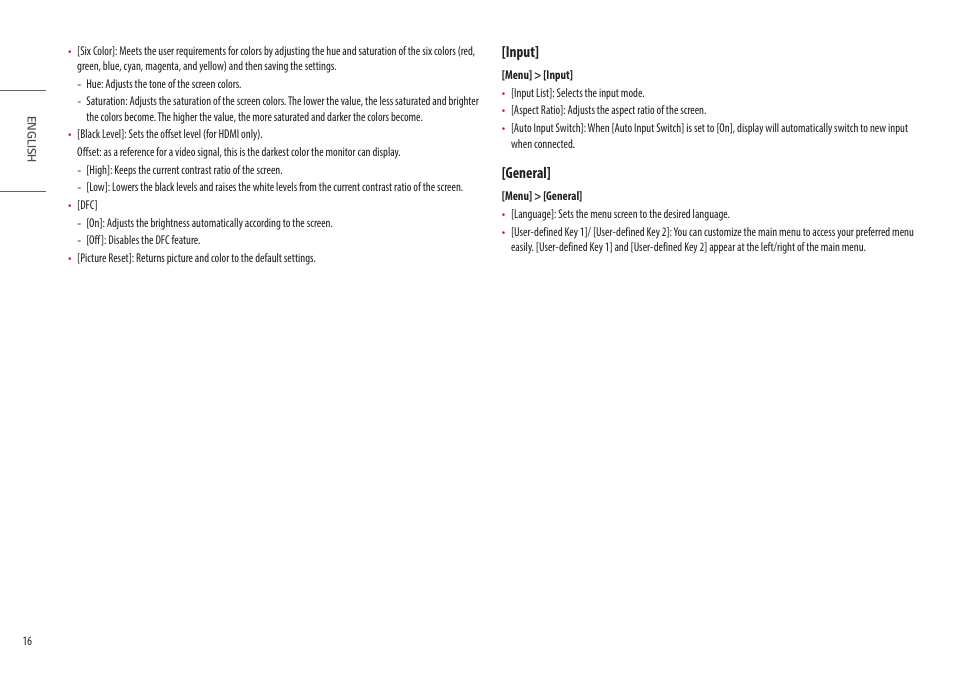 Input, General | LG UltraGear 27" Full HD 165 Hz Gaming Monitor User Manual | Page 16 / 66