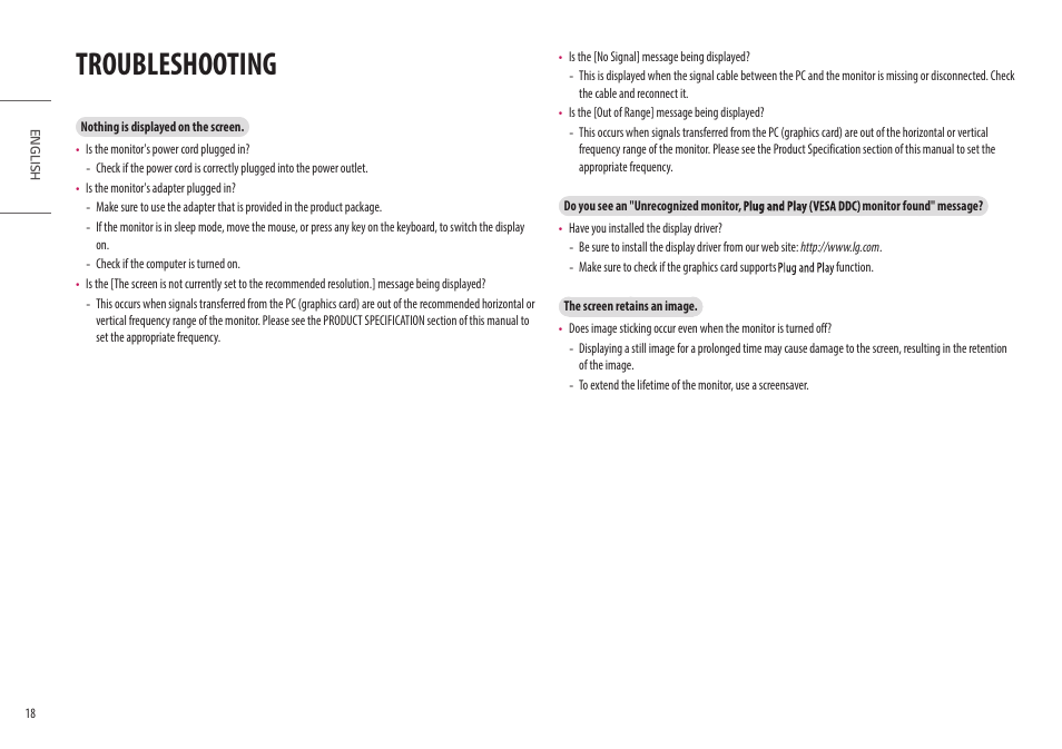 Troubleshooting | LG UltraGear 27" Full HD 165 Hz Gaming Monitor User Manual | Page 18 / 66